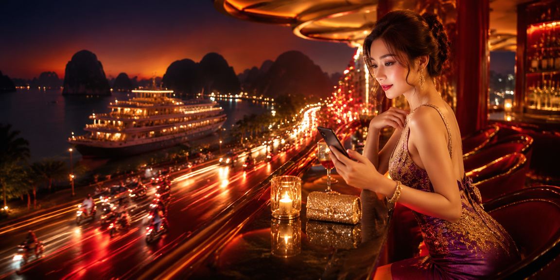 Màn hình neon hiển thị VIP bonus và giao dịch tài chính tại khu resort Hạ Long Bay